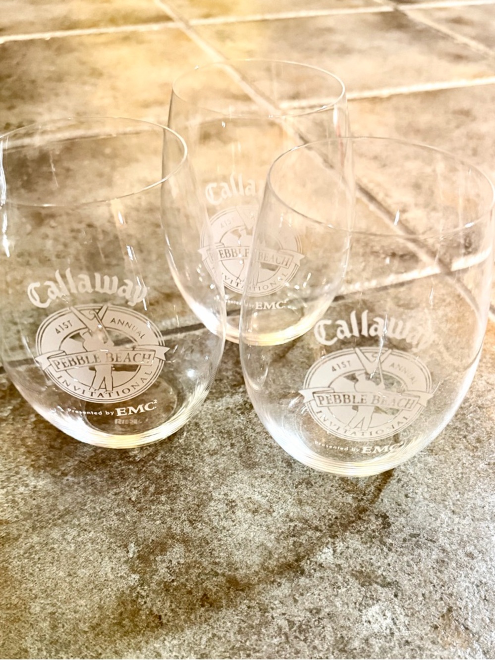 Callaway Clear Etched Stemless Wine Glasses with Pebble Beach Logo (Set of 3)
